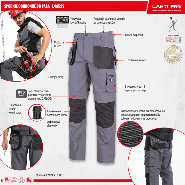 Spodnie robocze do pasa ochronne szaro-czarna L40529 Lahti Pro